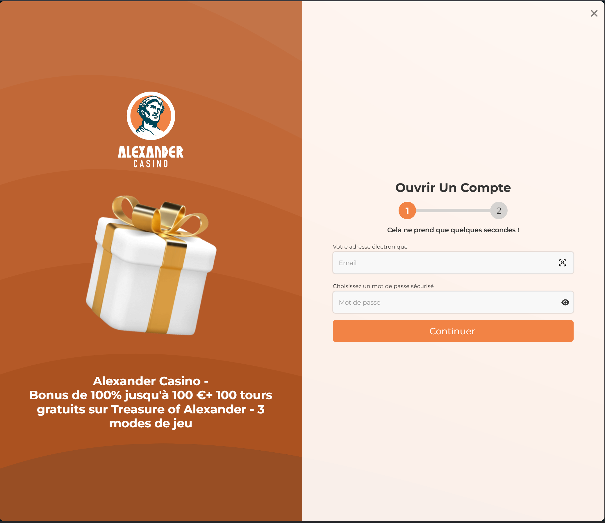 Alexander Casino : formulaire d'inscription en 2 étapes avec rappel du bonus 100€