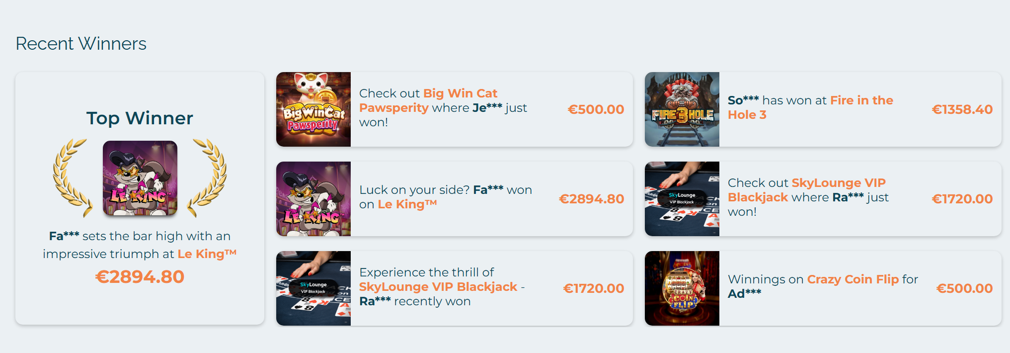 Recent Winners Alexander Casino : Le King 2 894€, SkyLounge VIP Blackjack 1 720€, Fire in the Hole 3 1 358€